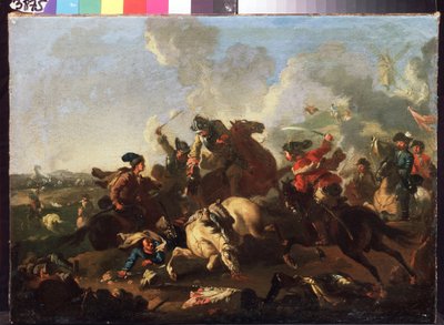 Scene fra slaget ved Poltava (eller Pultawa, Ukraina) (Scene fra slaget ved Poltava). Slaget som fant sted 8. juli 1709 mellom hæren til Peter I av Russland (kjent som Le Grand av Alexander von Kotzebue