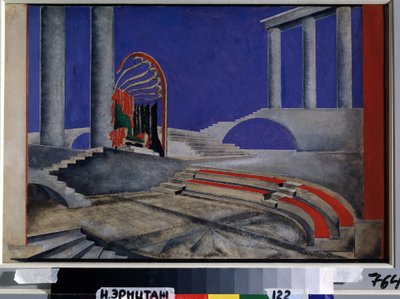 Scenedesignanmeldelse for Edition Decors de Theatre. Verk av Alexandra Alexandrovna Exter (1882-1949), akvarell og gouache på papir, midten av 1920. Russisk scenografisk kunst, 1900-tallet. Co av Alexandra Alexandrowna Exter