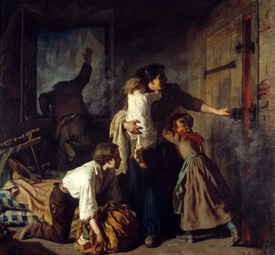 Brannsted. En familie som sitter fast i leiligheten deres prøver å unnslippe brannen i bygningen. Familiefaren roper etter hjelp fra vinduet. Maleri av Alexander Antigna (1817 - 1878) av Alexandre Antigna