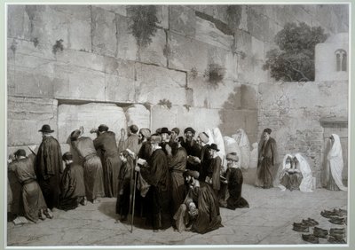 Jødedom: "" Salomos mur""" Menn og kvinner av jødisk religion ber foran Klagemuren. Før 1857. Tegning av Alexandre Bida (1823-1895), vask, penn og blyant på papir, Dim. 0,61x0,87 m Malmaison, slottets museum av Alexandre Bida