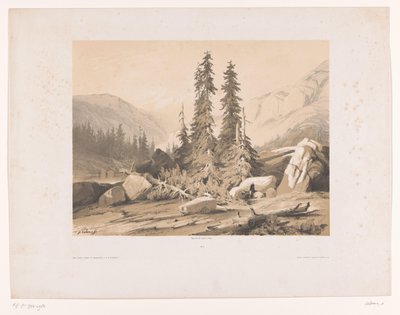 Fjelllandskap med grantrær og fjellgeiter Sapins (tittel på objekt) av Alexandre Calame