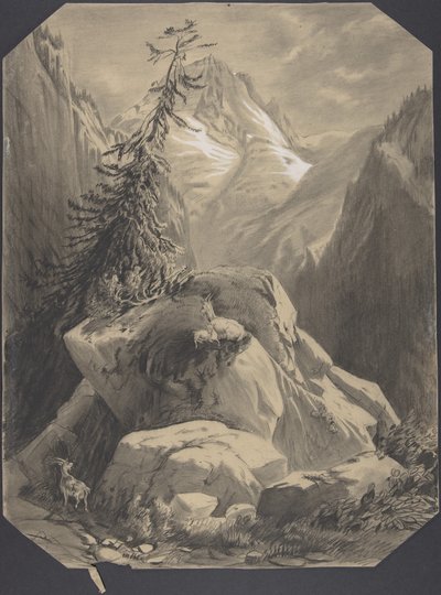 Tre geiter i et fjellandskap av Alexandre Calame