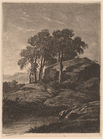 Trær ved en stein av Alexandre Calame