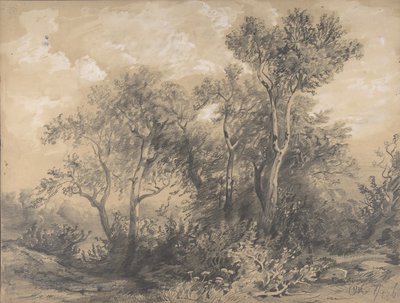 Trees recto, Soldiers in a Wood verso, tidlig til midten av 1800-tallet. av Alexandre Calame