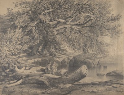 Two Men Resting by a Lake recto..., tidlig til midten av 1800-tallet. av Alexandre Calame