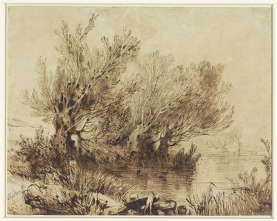 Piljer ved et vann i svakt skrånende terreng av Alexandre Calame