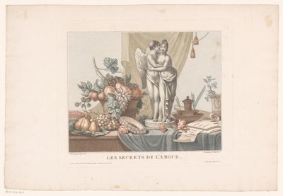 Stilleben på et bord med en statue av Amor og en ung kvinne, muligens Venus Les secrets de l