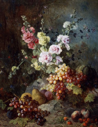 Stilleben med blomster og frukt, inkludert druer, pærer, plommer og bringebær. Maleri av Alexandre Couder (1808–1879). Privat samling. av Alexandre Couder