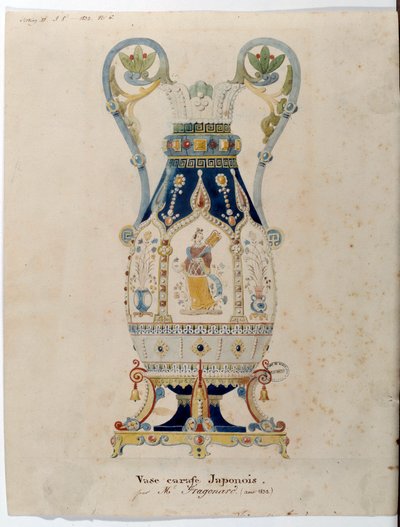 Japansk karaffelvase akvarell av Alexandre Evariste Fragonard (1780-1850) 1832 Sevres. Porselensproduksjon av Alexandre Evariste Fragonard