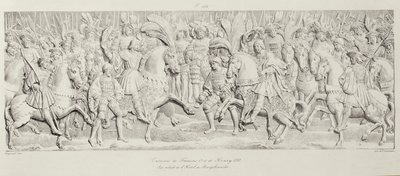 Møte mellom Francois I og Henry VIII på Field of the Cloth of Gold, etter det utskårne steinrelieffet i Hotel de Bourgtheroulde, Rouen, Normandie, 1501-37, gravert av Godefroy Engelmann (1788-183) av Alexandre Evariste Fragonard