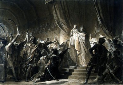 Keiserinne Maria-Theresa (1717-80) presenterer fremtidens Joseph II til Magnatene i Ungarn (grafitt, sepia-vasker med blekk og gouache på papir) av Alexandre Evariste Fragonard