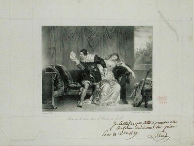 Brevscenen fra operaen Barberen i Sevilla av Rossini gravert av Villain de Sevres av Alexandre Evariste Fragonard