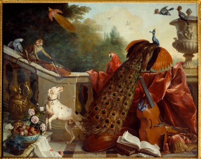 Dyr, blomster og frukt En hund, en ape som spiller fiolin, en påfugl, en papegøye, en paradisfugl, strengeinstrumenter. Maleri av Francois Desportes (1661-1743) 1717 søn. 1,24x2,31 m Grenoble, musee des Beaux Arts av Alexandre Francois Desportes