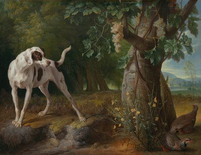 Hund som peker rapphøns i et landskap av Alexandre Francois Desportes