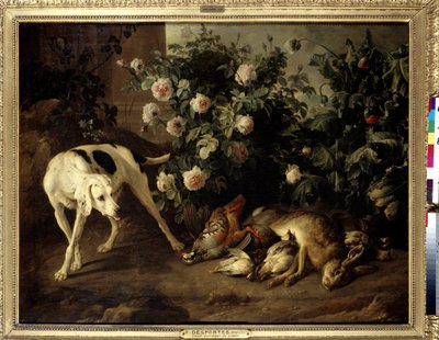 Hundehold i nærheten av en rosebusk Maleri av Francois Desportes (1661-1743) 1724 Søn. 1,07x1,38 m Paris, Musée du Louvre. av Alexandre Francois Desportes