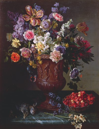 Blomster i en skulpturert urne med en skål med ville jordbær og hare på en avsats, 1715 av Alexandre Francois Desportes
