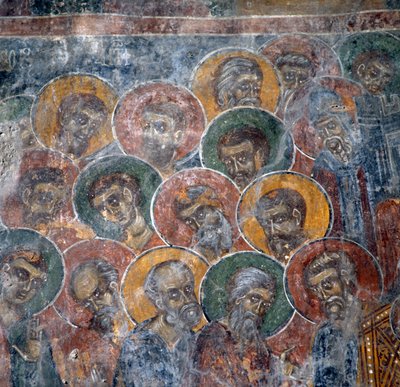 Gruppe av helgener, freskomaleri i kirken i Anisaraki nær Kandanos, Kreta, Hellas (bilde) av Nicolas Toussaint Charlet