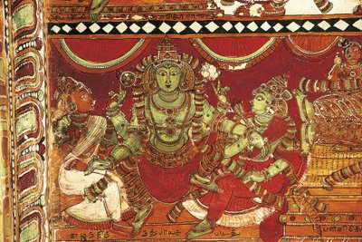 Visnu, detalj fra fresker som skildrer livet til Shiva i helligdommen for Parvati, Nataraya-tempelet, Chidambaram, Tamil Nadu, India, 500-tallet av Nicolas Toussaint Charlet