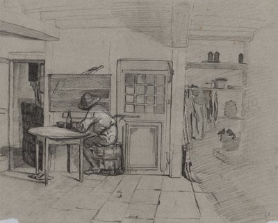 Et gårdshusinteriør med en gutt ved et bord, ca. 1846. av Alexandre Gabriel Decamps