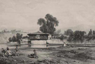 Paviljong ved kanten av en elv. av Alexandre Gabriel Decamps