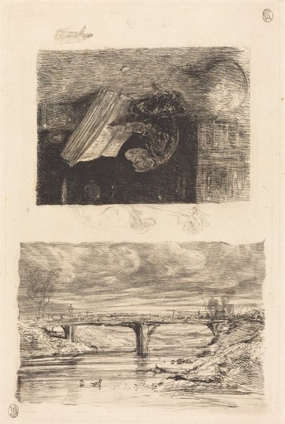 Elvelandskap med en bro; Monkey bladrer gjennom en bok av Alexandre Gabriel Decamps