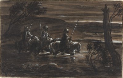 Tre arabiske ryttere krysser en elv av Alexandre Gabriel Decamps