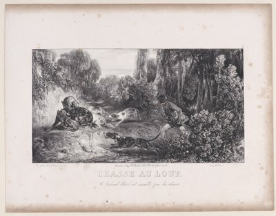 Wolf Hunt: Wounded Animal Attacked by Dogs, fra serien Hunting Scenes, 1829. av Alexandre Gabriel Decamps