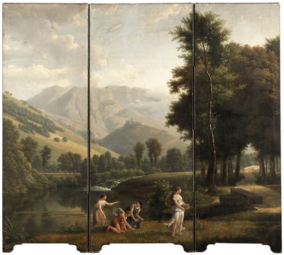 Et arkadisk landskap med jomfruer som samler blomster ved en elvebredd, et slott på bakketoppen bortenfor, 1801 av Alexandre Hyacinthe Dunouy