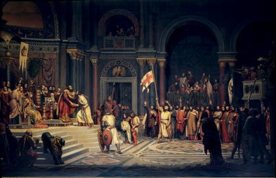Første korstog: "" Godefroy (Godefroi) av Bouillon (1061-1100), hertugen av Nedre Lorraine, opptrer troskap til den bysantinske keiseren Alexis Comnene, i Konstantinopel av Alexandre Jean Baptiste Hesse