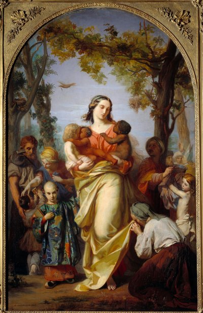 Universell veldedighet. Personifisering av veldedighet som holder de forskjellige menneskene i verden i armene. Maleri av Alexandre Laemlein (1813-1871) av Alexandre Laemlein