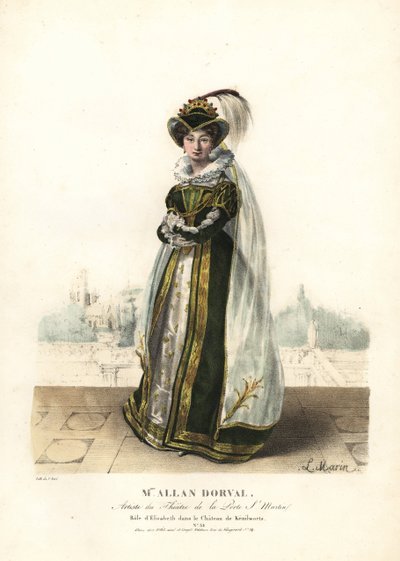 Marie Dorval eller Madame Allan Dorval som dronning Elisabeth i Le Chateau de Kenilworth av Jean-Baptiste Blache og Henri Lemaire, Theatre de la Porte St. Martin av Alexandre Marie Colin