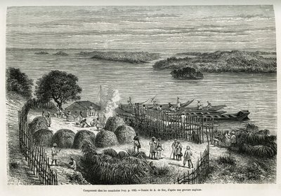 Camp styrker ekspedisjonen for å beskytte seg mot kannibalene Mouana Ntaba, nær elven Leopold (Kongo), tegnet av A.De Bar, for å illustrere historien "Across the Mysterious Continent", en reise foretatt mellom 1874-1877, av Sir H.M. Stanley. Engravin av Alexandre de (after) Bar