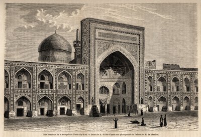 Den indre gårdsplassen til moskeen til Imam Aly Riza a Mashhad, tegning av A. de Bar, for å illustrere reisen til Khorasan (Khorasan, Chorasan eller Khurasan) i 1858, av N. de Khanikof. Gravering i “” Le tour du monde”” 1861. Selvas samling. av Alexandre de (after) Bar