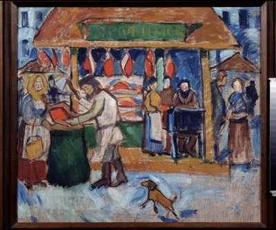 En slakterbutikk. Maleri av Alexei Alexeyevich Morgunov (Morgunov) (1884-1935), olje på lerret av Alexei Alexeyevich Morgunov