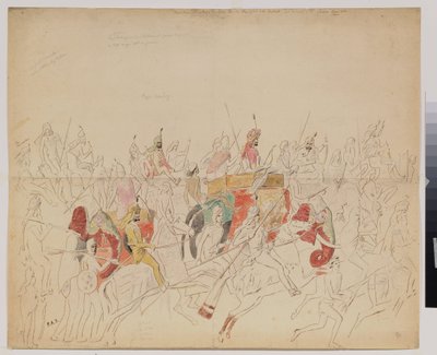 Maharaja Sher Singh (1807-1843) fra Punjab (India) og hoffet hans. Verk av Alexei Dmitrievich Saltykov (1806-1859), akvarellblyant og blekk på papir av Alexei Dmitrievich Saltykov
