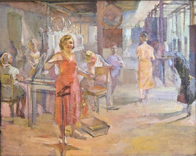 Femårsplanen - Den elektriske fabrikken ""Svetlana"" i Leningrad av Sittaro, Alexei Gumbertovich (1906-1942). Olje på lerret, størrelse: 174x2 av Alexei Gumbertovich Sittaro