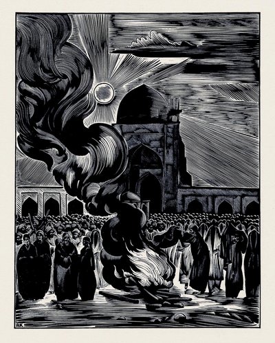 Frigjøringen av muslimske kvinner. Burning the Veil, 1928 av Alexei Ilyich Kravchenko