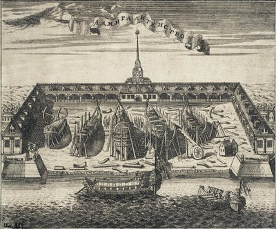 Utsikt over Admiralitetsverftet i St. Peterburg, 1717 av Alexei Ivanovich Rostovtsev