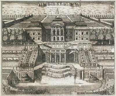 Utsikt over det store palasset i Peterhof, 1717. av Alexei Ivanovich Rostovtsev
