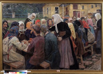 Måltidet. Et langbord dekket i hagen, for å servere lunsj til en mengde mennesker, kvinnene på vakt har på seg hvitt tørkle. Maleri av Alexei Mikhaylovich Korin (Korine) (1865-1923), olje på lerret av Alexei Mikhailovich Korin