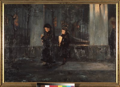 hellig torsdag. To små jenter holder stearinlys om kvelden på vei til kirken for påskefeiring. Maleri av Alexei Nikolaievich Ostrogradsky (1867-1943), olje på lerret av Alexei Nikolayevich Ostrogradsky