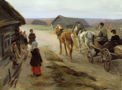 Ankomst av en skolelærer i landsbyen. 1908-14 av Alexei Steipanovitch Stepanov