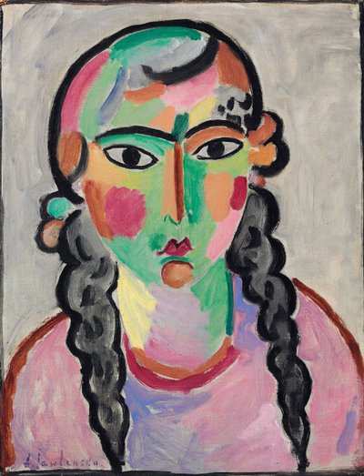 La fille pale aux tresses grises - The Pale Girl with Grey Pigtails, av Alexej von Jawlensky (Javlensky) (1864-1941). Olje på papir, ca. 1916. Mål : 63,5x49,5 cm. Privat samling av Alexej von Jawlensky