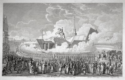Åpning av rytterstatuen av Peter den store på Senatsplassen St. Petersburg i 1782, tidlig 1. av Alexey Kupriyanovich Melnikov
