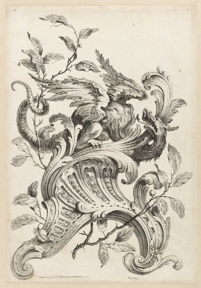 Winged Griffon på en Rocaille Bracket, fra Premiere Partie Diverse Ornements av Alexis Peyrotte