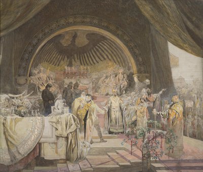 Ottokar II av Böhmen. The Union of Slavic Dynasties Syklusen The Slav Epic Sketch. av Alfons Marie Mucha