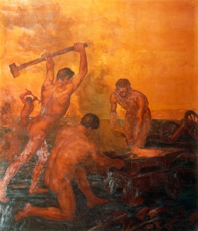 Smien, venstre panel av Railwaymen triptych av Alfonso Quarantelli