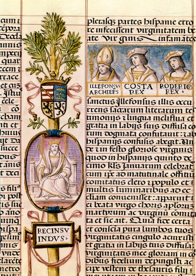 Portrett av Flavius ​​​​Recceswinth, kongen av vestgotene i Spania fra 653 til hans død i 672, miniatyr i "Slektshistorien til kongene av Spania" av Alfonso de Cartagena