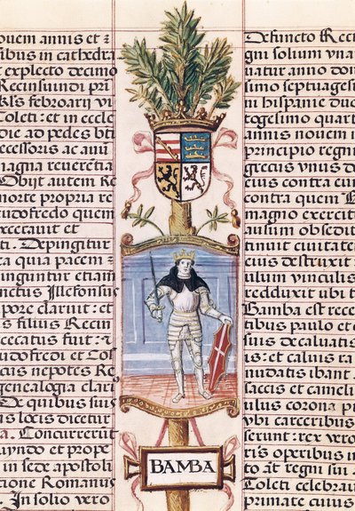 Portrett av den vestgotiske kongen Wamba (d. 688, konge av Spania fra 672-680/681, fra "Genealogy of the Kings of Spain" av Alonso de Cartagena av Alfonso de Cartagena