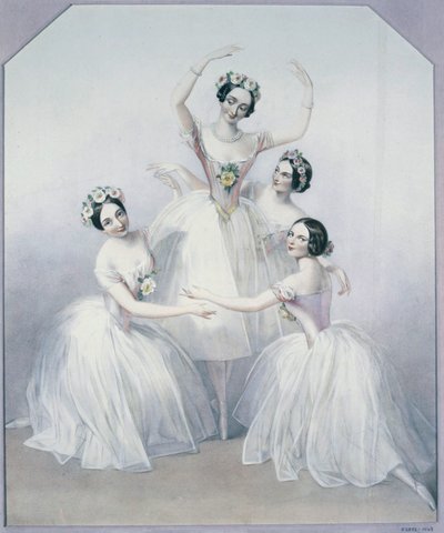 Pas de Quatre med ballerinaene Carlotta Grisi, Marie Taglioni, Lucile Grahn og Fanny Cerito av Alfred-Edward Chalon